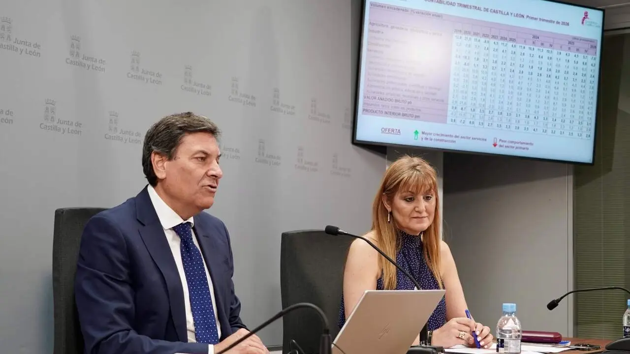 El consejero de Econom&iacute;a y Hacienda y portavoz, Carlos Fern&aacute;ndez Carriedo, y la directora general de Presupuestos, Maria Isabel Campos, presentan la Contabilidad Regional de Castilla y Le&oacute;n correspondiente al primer trimestre de 2026. Fotos: Eduardo Margareto.