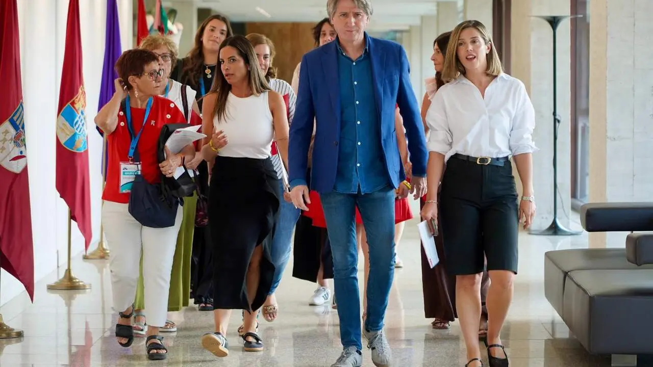 El portavoz del Grupo Parlamentario Socialista, Carlos Mart&iacute;nez, comparece ante la prensa, acompa&ntilde;ado de diversos colectivos feministas, para explicar la Proposici&oacute;n de Ley de Violencia de G&eacute;nero. Foto: Leticia P&eacute;rez.
