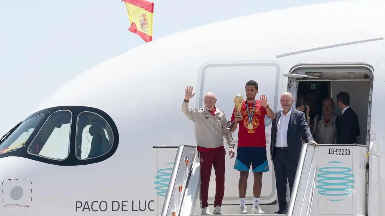El equipo nacional, a su llegada a Espa&ntilde;a, saludando desde la puerta del avi&oacute;n.