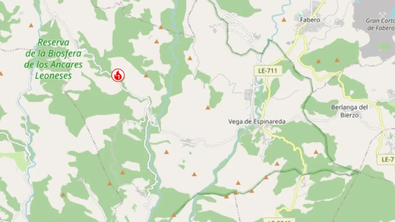 Localizaci&oacute;n del incendio forestal de Moreda, en Vega de Espinareda. Fuente: Inforcyl.