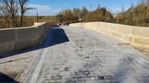 El director general de Patrimonio Cultural, Juan Carlos Prieto, ha presentado hoy, junto a la alcaldesa de Sahagún, Paula Conde, las obras de restauración y puesta en valor del Puente Canto y su entorno, en Sahagún.