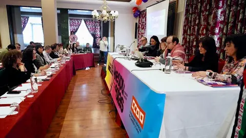 El secretario general de CCOO Castilla y León, Vicente Andrés, y la candidata a la reelección como secretaria general de CCOO en León, Elena Blasco, atienden a los medios antes de la celebración del XIV Congreso Provincial de CCOO León. Foto: Campillo.