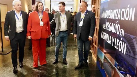 La secretaria de Estado de Agricultura y Alimentación, Begoña García Bernal, inaugura la jornada 'La modernización del regadío en Castilla y León'. Junto a ella, el delegado del Gobierno, Nicanor Sen; el secretario provincial del PSOE, Javier Alfonso Cendón y el presidente de la Diputación, Gerardo Álvarez Courel. Foto: Campillo.