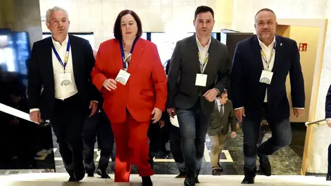 La secretaria de Estado de Agricultura y Alimentación, Begoña García Bernal, inaugura la jornada 'La modernización del regadío en Castilla y León'. Junto a ella, el delegado del Gobierno, Nicanor Sen; el secretario provincial del PSOE, Javier Alfonso Cendón y el presidente de la Diputación, Gerardo Álvarez Courel. Foto: Campillo.