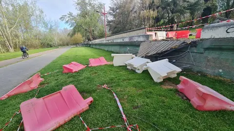 La caída de un árbol aplasta uno de los miradores en el paseo del río Bernesga en León capital.