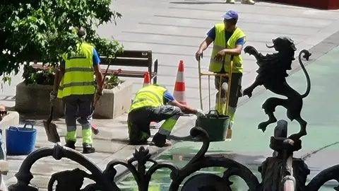 Las brigadas de Obras del Ayuntamiento de León actúan de nuevo en esta zona peatonal, afectada de forma recurrente por el paso de vehículos de servicio y el efecto climatológico.