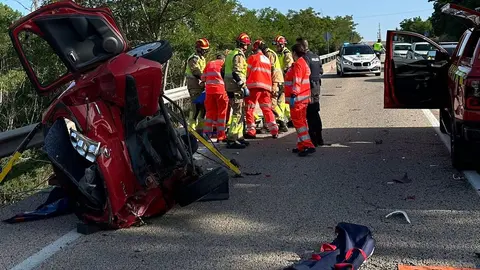 El vehículo accidentado, en una imagen de Bomberos León.