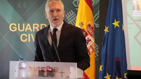 El ministro del Interior, Fernando Grande-Marlaska, presenta el sistema de denuncia telemática de la Guardia Civil, acompañado por el delegado del Gobierno en Castilla y León, Nicanor Sen, la directora general de la Guardia Civil, Mercedes González, y el director del Instituto Nacional de Ciberseguridad, Félix Barrio. Foto: Peio García