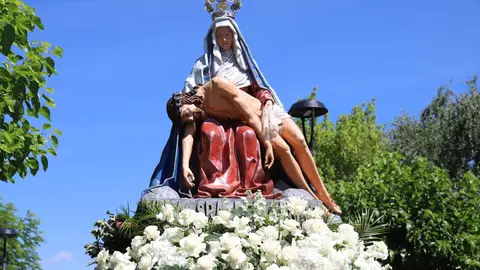 La Cofradía María del Dulce Nombre procesiona a la Virgen del Camino. La imagen mariana fue trasladada desde la Iglesia del Humilladero hasta la Basílica de la patrona de la Región Leonesa, acompañada por pendones tradicionales y la banda de música local. Fotos: Isaac Llamazares