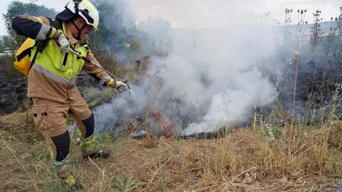 Medios personales y técnicos terrestres y aéreos han tenido que intervenir este viernes en la extinción de un incendio declarado en las proximidades del Complejo Asistencial Universitario de León. Fotos: Campillo