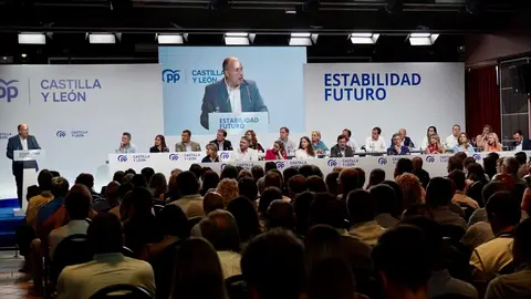 El secretario general del PP, Miguel Tellado, y el presidente del Partido Popular de Castilla y León, Alfonso Fernández Mañueco, clausuran el Comité Ejecutivo y la Junta Directiva Autonómica del PPCyL. En este comité se ha conocido la renuncia de Ester Muñoz a la presidencia del PP en la provincia de León. Fotos: Eduardo Margareto