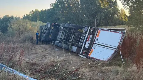Imagen del camión volcado en la madrugada de este miércoles en en la LE-11, en la glorieta del punto limpio de León. Foto: Policía Local.