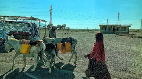Una niña afgana camina cerca de la carretera con unos burros que utiliza para llevar agua a su casa. Foto: Alfonso F. Reca
