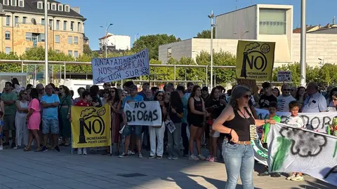 Las protestas contra la planta de biomasa en Puente Castro este miércoles ante la Junta.