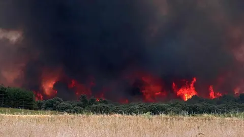 El frente de llamas acercándose a la localidad leonesa de Herreros de Jamuz.