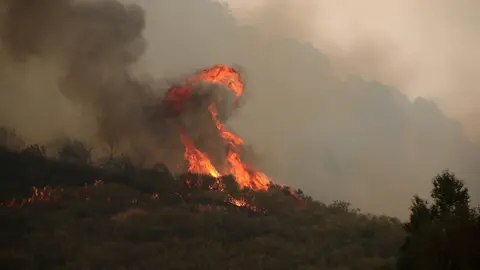 La pequeña localidad de Fasgar se encuentra amenazada por un incendio forestal. Foto: Peio García