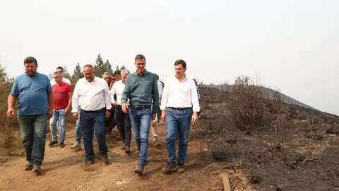 Pedro Sánchez, este domingo visitando los efectos del fuego de Orallo en León. Foto: Pool Moncloa