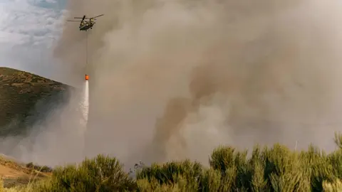 El organismo europeo de Protección Civil distribuye imágenes de las actuaciones realizadas por los helicópteros 'Chinook' procedentes de Países Bajos en la provincia de León. Su enorme poder de extinción, con capacidad para portar 7.000 litros de agua, resultó en muchos casos determinante.