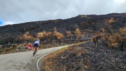 El Alto del Morredero, escenario final de la decimoséptima etapa de La Vuelta a España 2025, ofreció este miércoles unas imágenes impactantes. El fuego que arrasó la comarca de Llamas de Cabrera ha transformado un paraje verde y lleno de vida en un paisaje desértico y negro, salpicado por algunos árboles y matojos que recuerdan la riqueza natural que antes albergaba el monte.