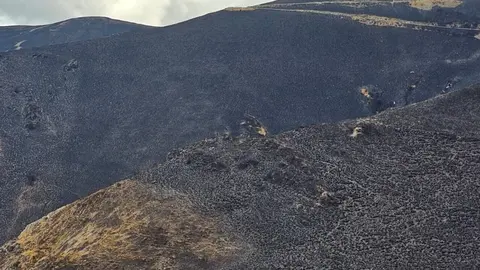 El Alto del Morredero, escenario final de la decimoséptima etapa de La Vuelta a España 2025, ofreció este miércoles unas imágenes impactantes. El fuego que arrasó la comarca de Llamas de Cabrera ha transformado un paraje verde y lleno de vida en un paisaje desértico y negro, salpicado por algunos árboles y matojos que recuerdan la riqueza natural que antes albergaba el monte.