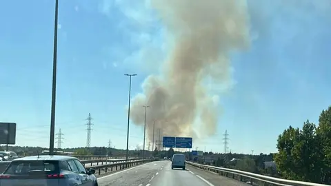 El fuego, declarado en Quintana de Raneros (Santovenia de la Valdoncina), avanzó con rapidez hacia la autopista y estuvo a punto de provocar su corte. Fotos: Alfredo