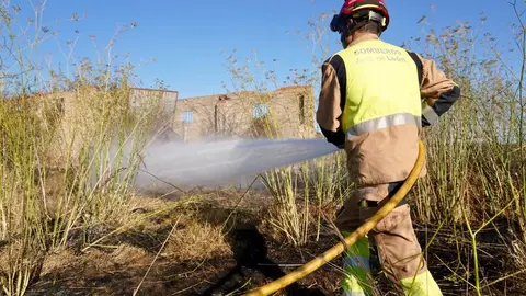El fuego, declarado en Quintana de Raneros (Santovenia de la Valdoncina), avanzó con rapidez hacia la autopista y estuvo a punto de provocar su corte; las llamas sí cortaron el tráfico ferroviario. Fotos: Campillo