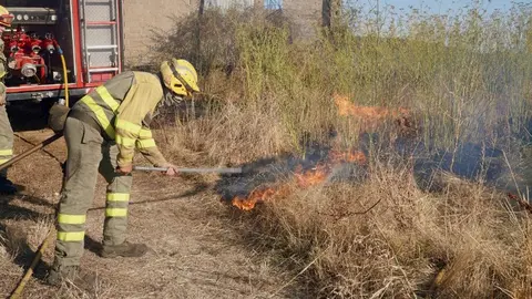 El fuego, declarado en Quintana de Raneros (Santovenia de la Valdoncina), avanzó con rapidez hacia la autopista y estuvo a punto de provocar su corte; las llamas sí cortaron el tráfico ferroviario. Fotos: Campillo