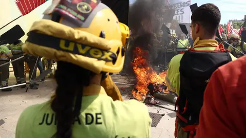 Manifestación a las puertas de Las Cortes para exigir la equiparación laboral de los bomberos forestales y la profesionalización del colectivo. Foto: R. Valtero