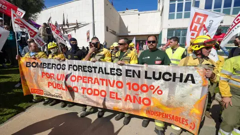 Manifestación a las puertas de Las Cortes para exigir la equiparación laboral de los bomberos forestales y la profesionalización del colectivo. Foto: R. Valtero