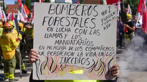 Manifestación a las puertas de Las Cortes para exigir la equiparación laboral de los bomberos forestales y la profesionalización del colectivo. Foto: R. Valtero