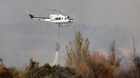 Una veintena de medios trabajan para intentar sofocar el incendio declarado en las cercanías de Villasinta de Torío, en el municipio de Villaquilambre, que ha alcanzado el nivel 2. Fotos: Peio García