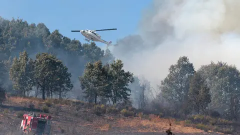 Una veintena de medios trabajan para intentar sofocar el incendio declarado en las cercanías de Villasinta de Torío, en el municipio de Villaquilambre, que ha alcanzado el nivel 2. Fotos: Peio García