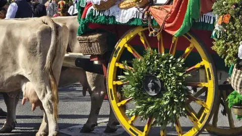 El desfile y concurso de carros engalanados completa la mañana del domingo en León en las fiestas de San Froilán. Foto: Carlos Calvo