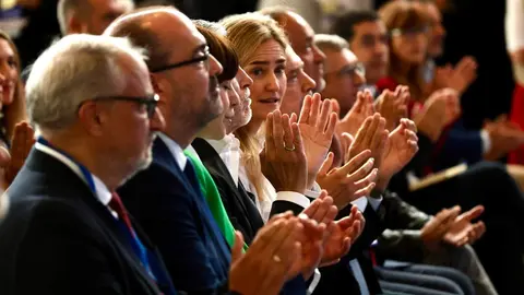 La vicepresidenta tercera del Gobierno y ministra para la Transición Ecológica y el Reto Demográfico, Sara Aagesen Muñoz, abre la Convención por un Pacto de Estado frente a la Emergencia Climática que se celebra en Ponferrada, acompañada por la ministra de Ciencia, Innovación y Universidades, Diana Morant; el ministro de Agricultura, Pesca y Alimentación, Luis Planas; el ministro del Interior, Fernando Grande Marlaska y el delegado del Gobierno, Nicanor Sen, entre otras autoridades. Reportaje gráfico: Campillo