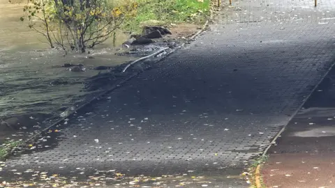 La crecida del río Bernesga a su paso por la capital leonesa llevó este viernes al Ayuntamiento de León a cerrar las pasarelas peatonales que comunican ambos márgenes del cauce. Fotos: Carlos Calvo | Silvia García