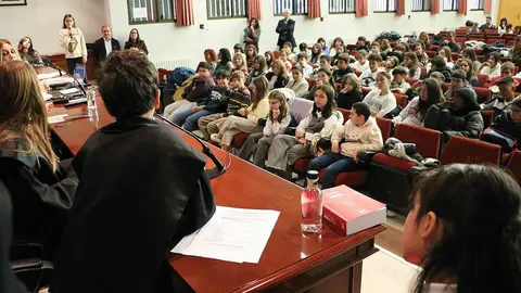 Alumnos y alumnas de 6º de Primaria del CEIP La Palomera participaron este jueves en un juicio simulado sobre acoso escolar en la Facultad de Derecho de la Universidad de León.