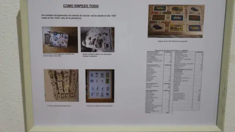 Daniel Pérez Rubio exhibe en Trobajo del Camino 400 sobres de azucarillos de una colección de más de 10.000 piezas, fruto de una afición iniciada en 1967 y ordenada durante el confinamiento. Fotos: Isaac Llamazares