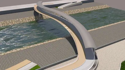 Una pasarela en 'ese' para peatones y bicis sobre el río Bernesga. El Ayuntamiento de León invertirá 2 millones en una estructura innovadora de 92 metros que mejorará la movilidad de peatones y ciclistas, con accesibilidad para personas con movilidad reducida.