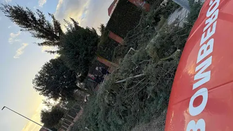 Un árbol de grandes dimensiones se desplomó este jueves frente al colegio María Auxiliadora, en la pedanía leonesa de Armunia, provocando varios daños materiales y generando momentos de preocupación entre los vecinos de la zona. Foto: Bomberos León
