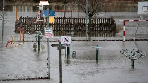 El río Órbigo se desborda a su paso por Cebrones del Río. Foto: Peio García