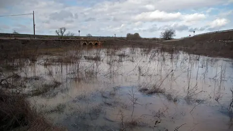 El río Cea desborda en la localidad de Valderas. Foto: Peio García