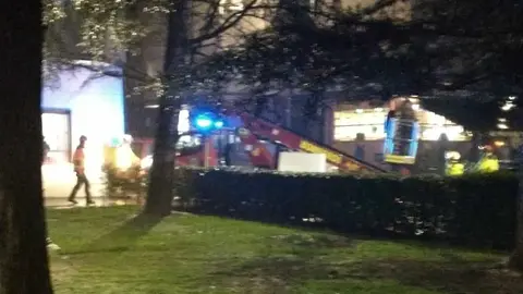 Los Bomberos de León actúan tras la caída de un pino en un parque de la capital. El árbol se desplomó en la plaza del Huevo por el efecto del temporal de lluvias de los últimos días, aún visible en la ciudad.