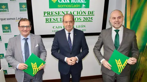 El director general de Caja Rural, Cipriano García, presenta el balance y cuenta de resultados del ejercicio 2025 de la entidad, junto al director de Comunicación y Relaciones Institucionales, Narciso Prieto, y el director territorial de Expansión, Alejandro Hidalgo Borbujo. Fotos: Peio García.