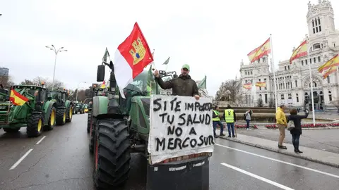 Cientos de tractoristas colapsan el centro de Madrid en la gran protesta agraria. Una veintena de vehículos de agricultores leoneses, que partieron el lunes desde León capital, se suman a la tractorada que bloquea Castellana, Recoletos y Prado contra la PAC y Mercosur. Foto: Juan Lázaro