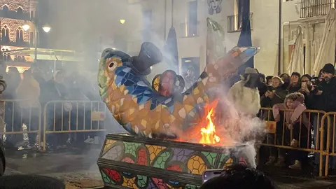León puso esta anoche el broche final al Carnaval con la celebración del tradicional Entierro de la Sardina, un rito festivo que ha vuelto a reunir a cientos de personas en el centro de la capital. El acto culminó con la quema de la sardina carnavalesca —este año convertida en una vistosa pieza de trencadís— y con la simbólica viuda del boquerón ardiendo en la hoguera, sellando el paso del desenfreno carnavalero al recogimiento de la Cuaresma. Fotos: Lucía Ramajo