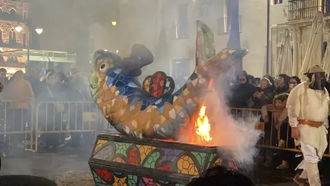 León puso esta anoche el broche final al Carnaval con la celebración del tradicional Entierro de la Sardina, un rito festivo que ha vuelto a reunir a cientos de personas en el centro de la capital. El acto culminó con la quema de la sardina carnavalesca —este año convertida en una vistosa pieza de trencadís— y con la simbólica viuda del boquerón ardiendo en la hoguera, sellando el paso del desenfreno carnavalero al recogimiento de la Cuaresma. Fotos: Lucía Ramajo