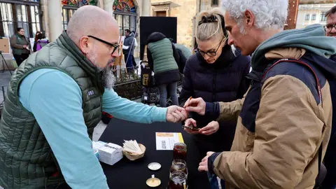 La Unión de Campesinos de León, Ucale Coag celebró este viernes un acto en la capital leonesa para dar visibilidad a al apicultura local y denunciar sospechas de fraude en el sector en el que repartió dos mil bote de miel entre los viandantes. Foto: Campillo