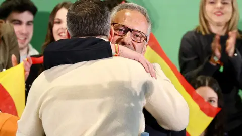 El presidente de Vox, Santiago Abascal y el candidato de Vox a la Junta, Carlos Pollán, protagonizan un mitin en el Palacio de Congresos de León. Foto: Campillo