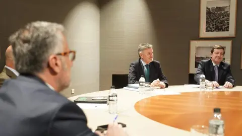 El presidente del PP de Castilla y León, Alfonso Fernández Mañueco, acompañado por miembros de su formación, se reúne con el candidato de Vox, Carlos Pollán, y otros dirigentes de este partido, tras las pasadas elecciones autonómicas. Foto: Rubén Cacho.