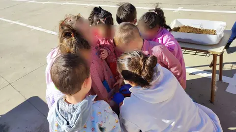 Alumnos del CEIP Teodoro Martínez Gadañón participan en la plantación del semillero dentro de un proyecto educativo y social que fomenta la colaboración y el aprendizaje compartido.